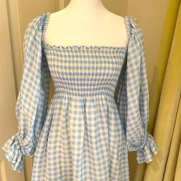 Sleeper- Atlanta Off-The-Shoulder Shirred Linen Midi Dress- Blue & White -Size:S - Picture 4 of 11